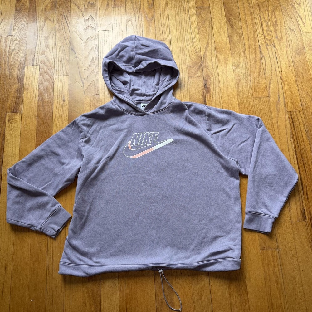 Nike Hoodie L Purple Pullover Fleece Logo Swoosh Drawcord Hem Relaxed Fit Raglan
